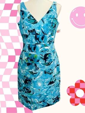 NWT- American Living Turquoise & Navy Abstract V-Neck Midi Dress-Size 10 -Y2K
